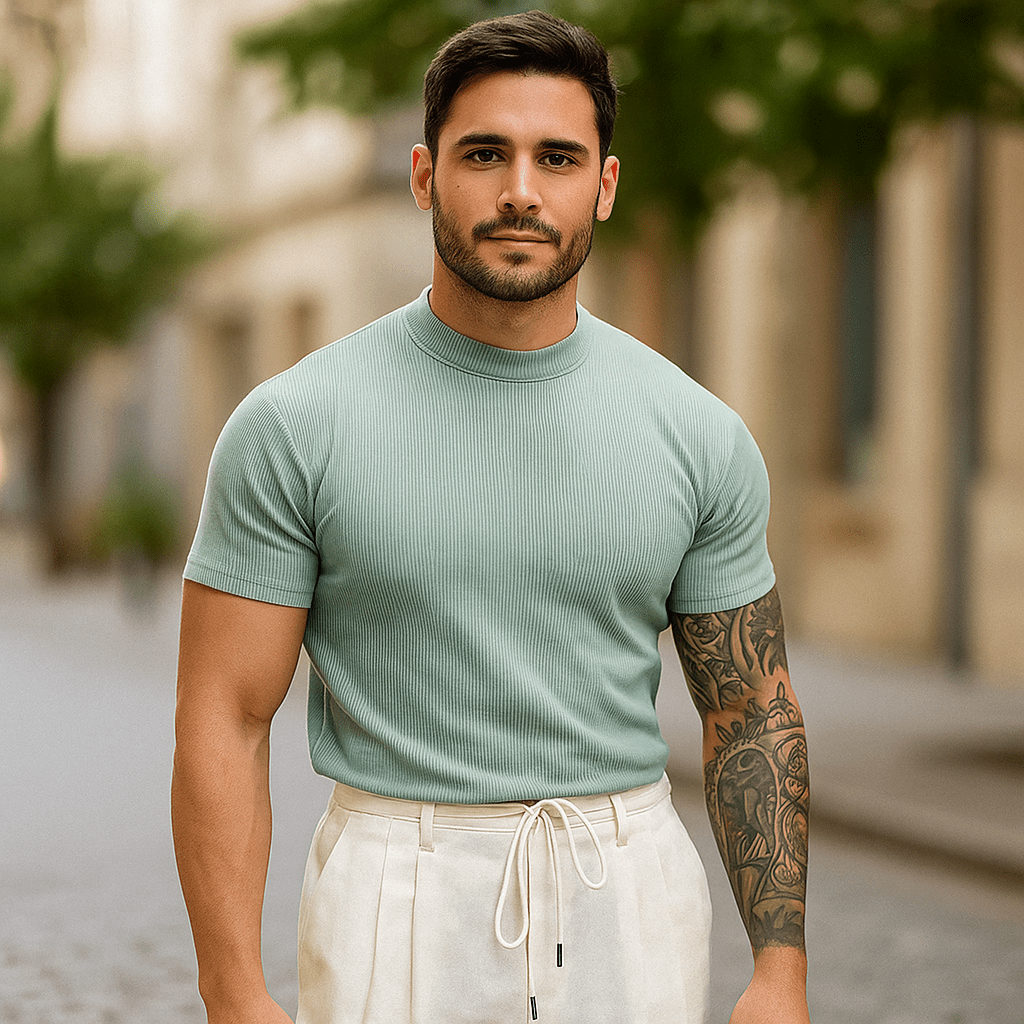 Męski dopasowany sweter ribbed - Krótki rękaw - Oddychający elastyczny materiał - vivano - warszawa