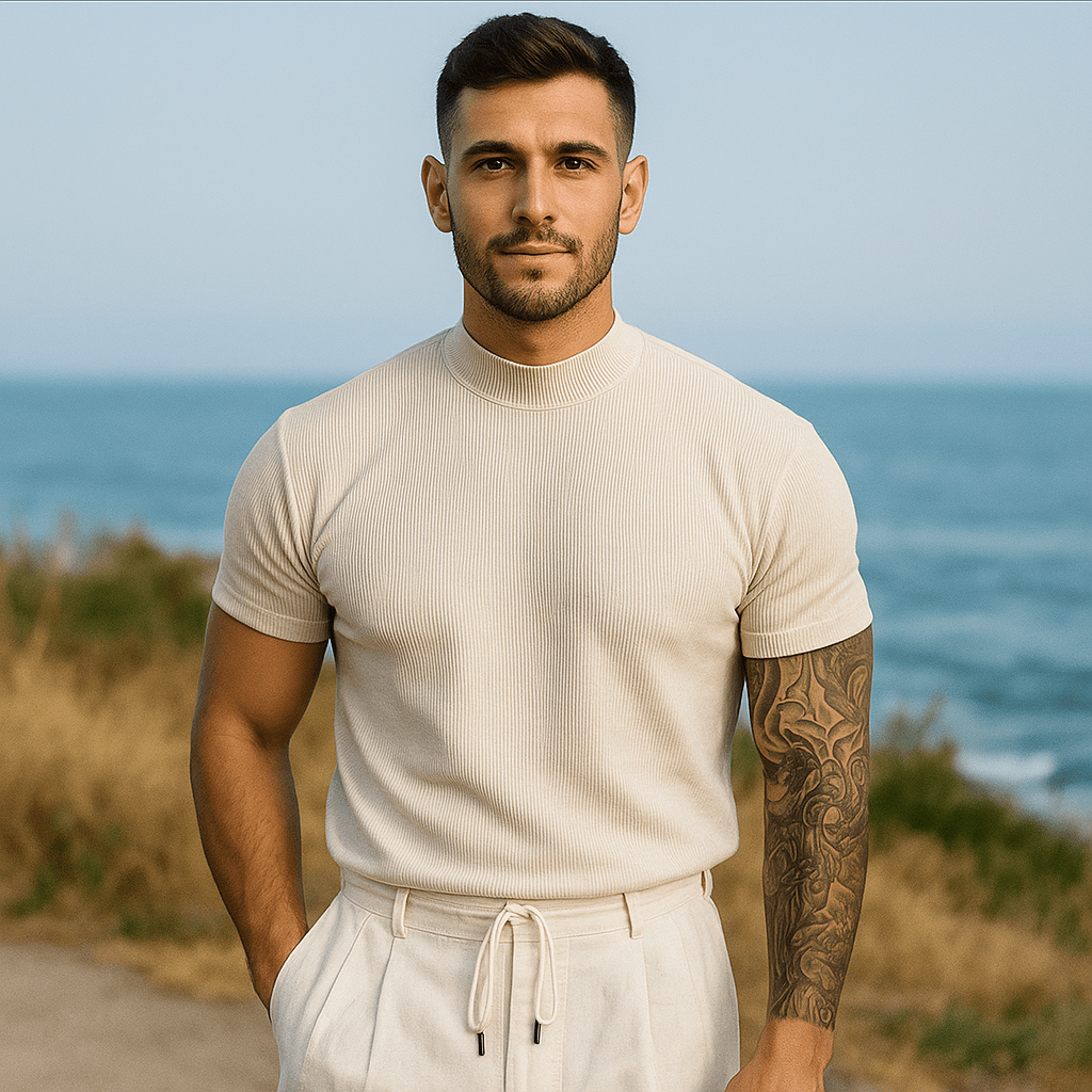 Męski dopasowany sweter ribbed - Krótki rękaw - Oddychający elastyczny materiał - vivano - warszawa