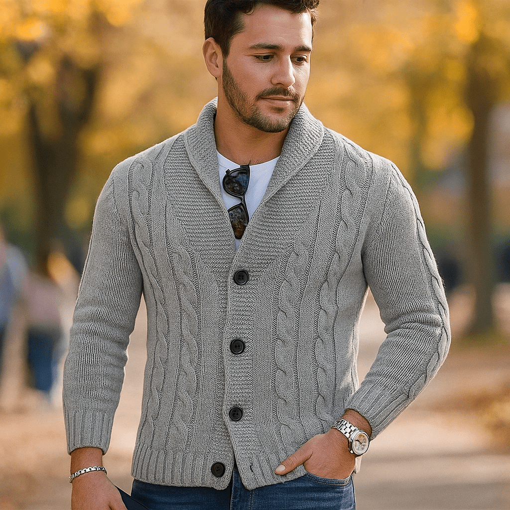 Męski Kardigan z Warkoczem - Wełniana Mieszanka - Kołnierz na Ramionach - Guziki - vivano - warszawa