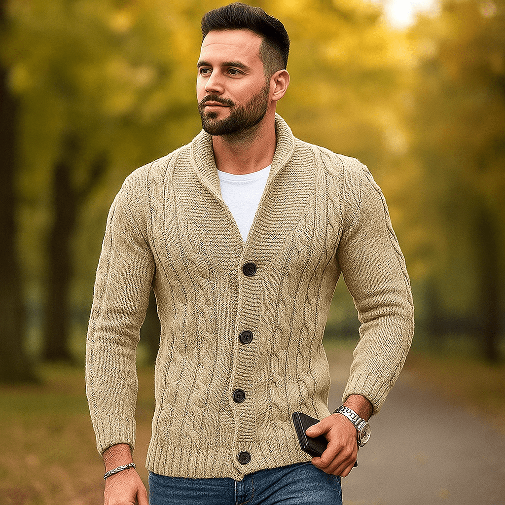 Męski Kardigan z Warkoczem - Wełniana Mieszanka - Kołnierz na Ramionach - Guziki - vivano - warszawa