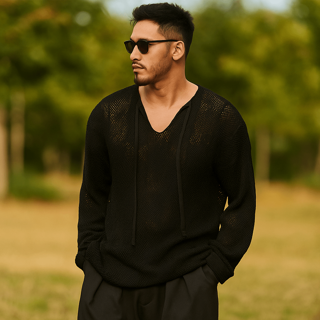 Męski Sweter Dzianinowy – Luźny Krój – Dekolt w Serek z Wiązaniem - vivano - warszawa