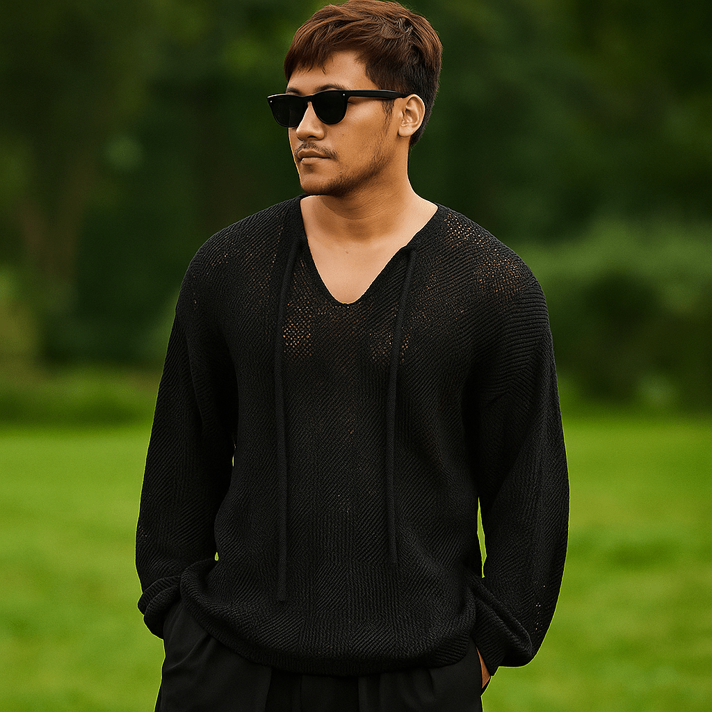 Męski Sweter Dzianinowy – Luźny Krój – Dekolt w Serek z Wiązaniem - vivano - warszawa