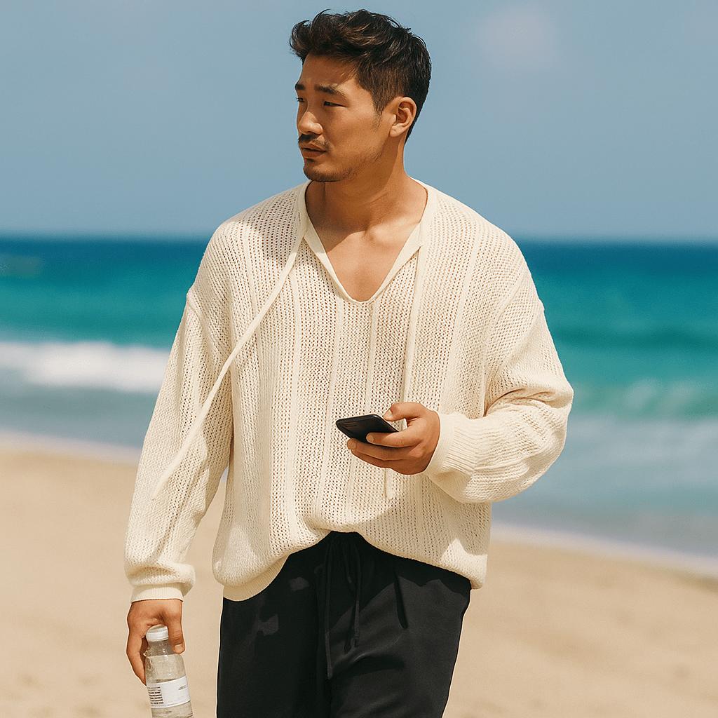 Męski Sweter Dzianinowy – Luźny Krój – Dekolt w Serek z Wiązaniem - vivano - warszawa