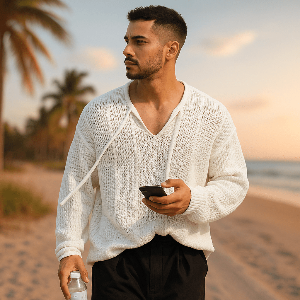 Męski Sweter Dzianinowy – Luźny Krój – Dekolt w Serek z Wiązaniem - vivano - warszawa