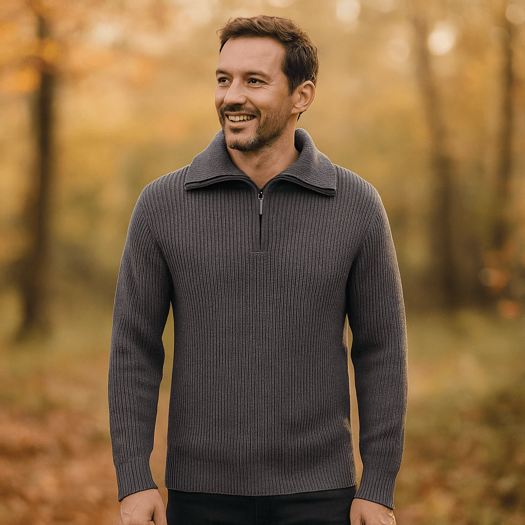 Męski Sweter Half - Zip - Strukturalny Knit - Wysoka Kratka - Żebrowane Manżety - vivano - warszawa