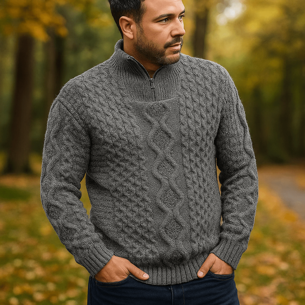 Męski Sweter Kabelstryk – Wysoka Szyja – Zamek – Prążkowane Rękawy - vivano - warszawa