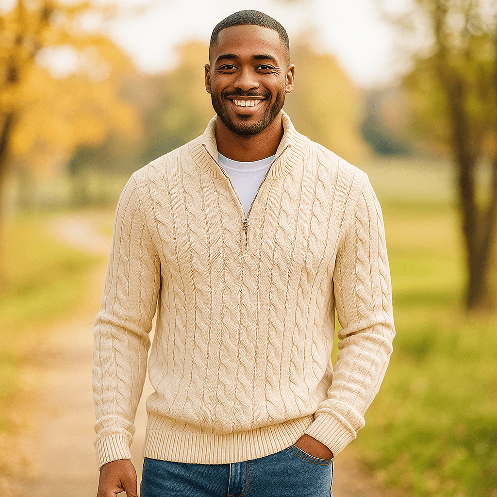 Męski Sweter Kabelstryk - Zamek 1/4 - Żebrowany Kołnierz i Manżety - Ciepły i Stylowy - vivano - warszawa