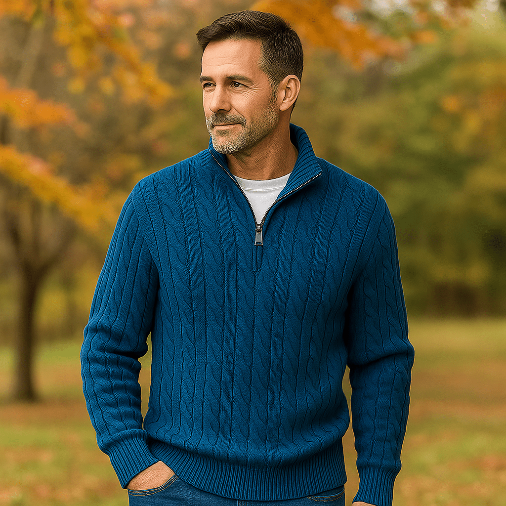 Męski Sweter Kabelstryk - Zamek 1/4 - Żebrowany Kołnierz i Manżety - Ciepły i Stylowy - vivano - warszawa