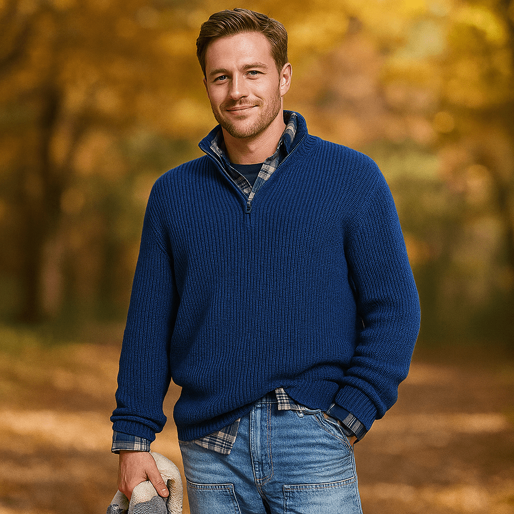 Męski Sweter Pół - Zip - Żebrowana Tekstura - Wysoki Kołnierz - Luźny Krój - vivano - warszawa