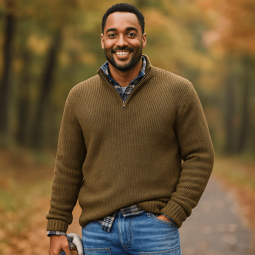 Męski Sweter Pół - Zip - Żebrowana Tekstura - Wysoki Kołnierz - Luźny Krój - vivano - warszawa