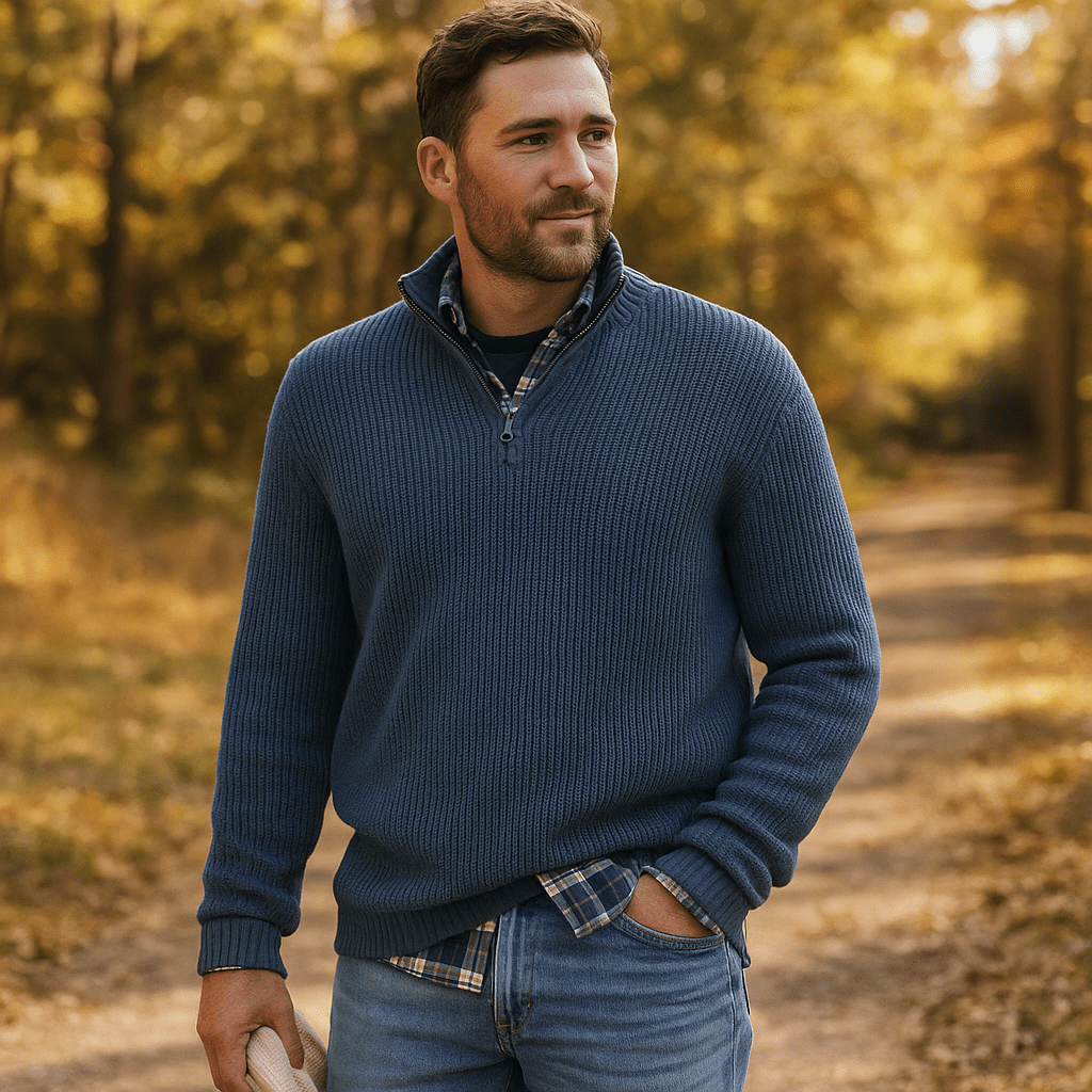 Męski Sweter Pół - Zip - Żebrowana Tekstura - Wysoki Kołnierz - Luźny Krój - vivano - warszawa