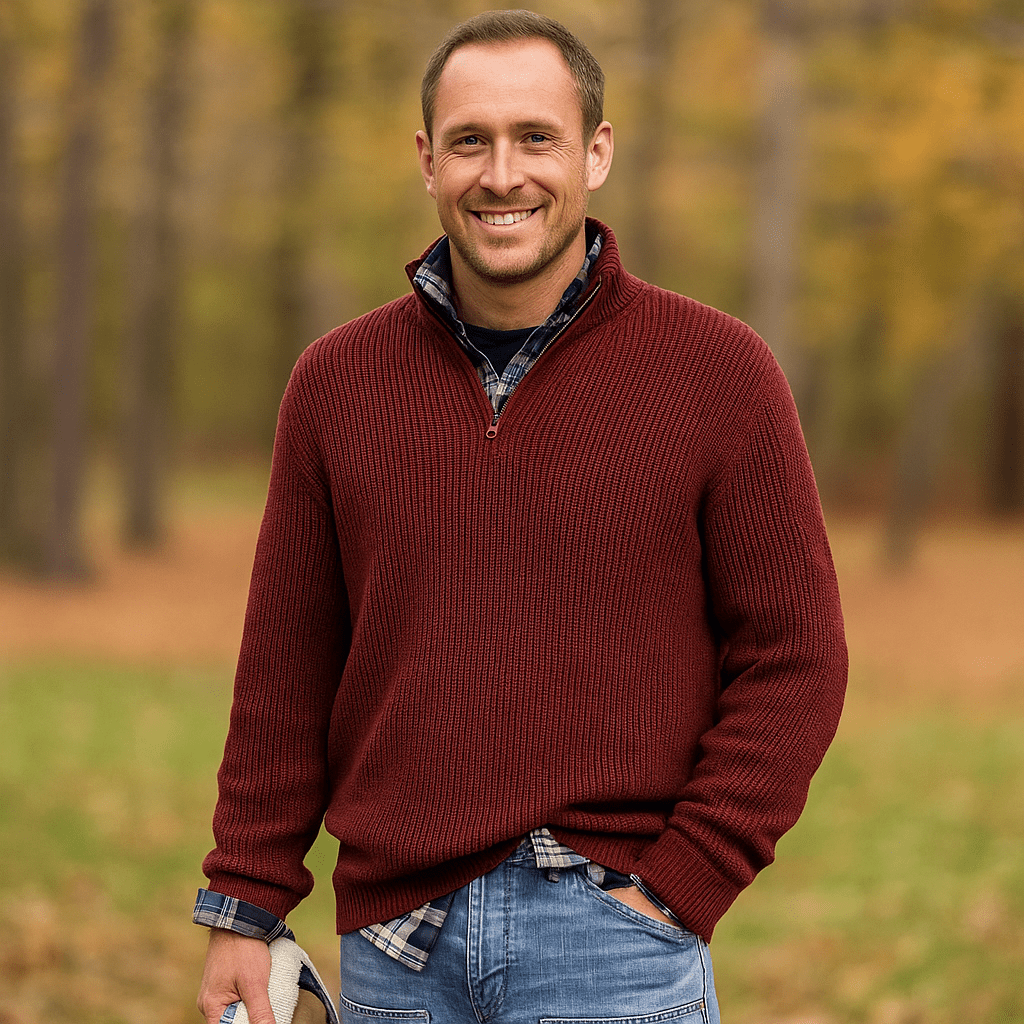 Męski Sweter Pół - Zip - Żebrowana Tekstura - Wysoki Kołnierz - Luźny Krój - vivano - warszawa