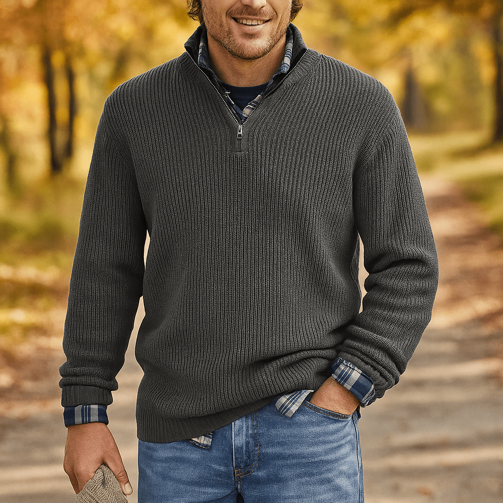 Męski Sweter Pół - Zip - Żebrowana Tekstura - Wysoki Kołnierz - Luźny Krój - vivano - warszawa