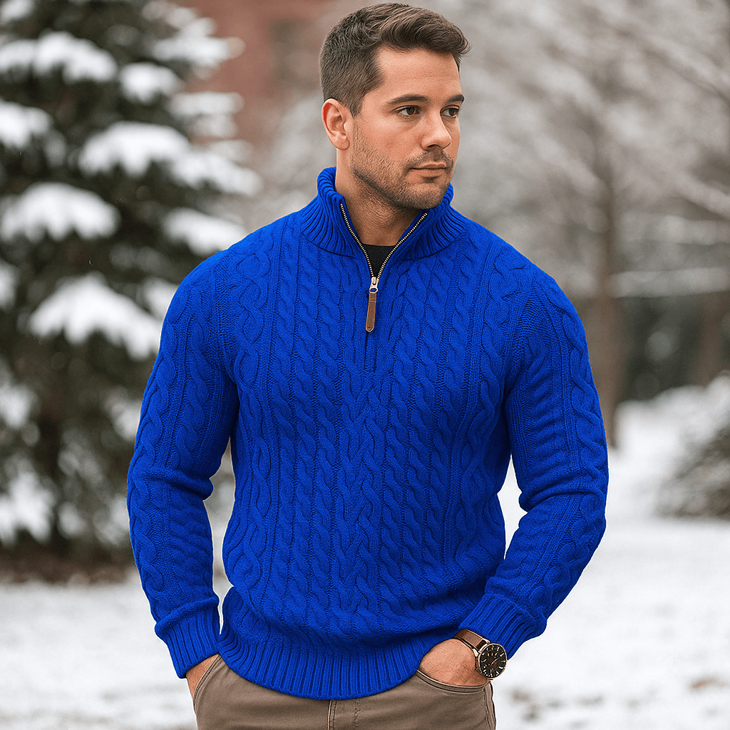 Męski Sweter w Warkocze - Pół Zamek - Wysoki Kołnierz - Ciepły Komfort - vivano - warszawa