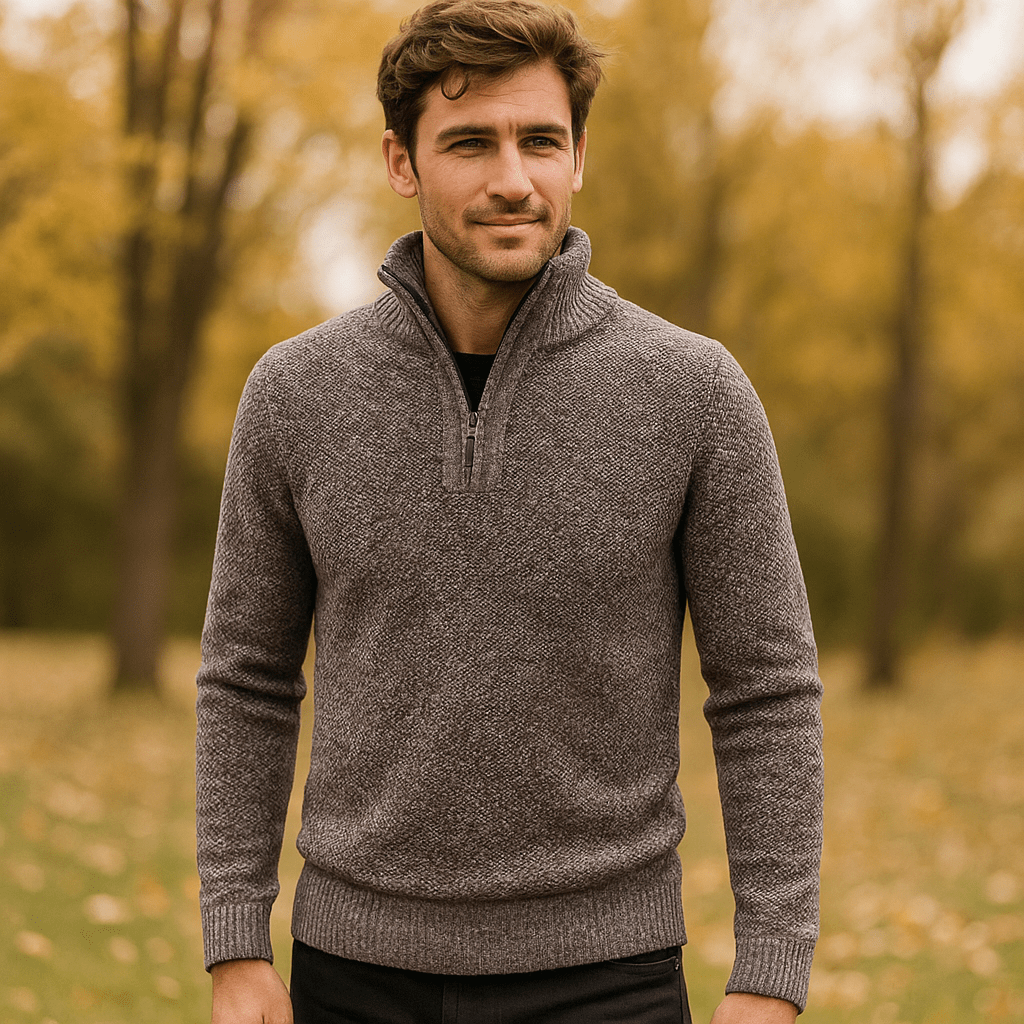 Męski Sweter Wełniany - Mieszanka Wełny - Kwart Zip - Żebrowany Kołnierz - vivano - warszawa