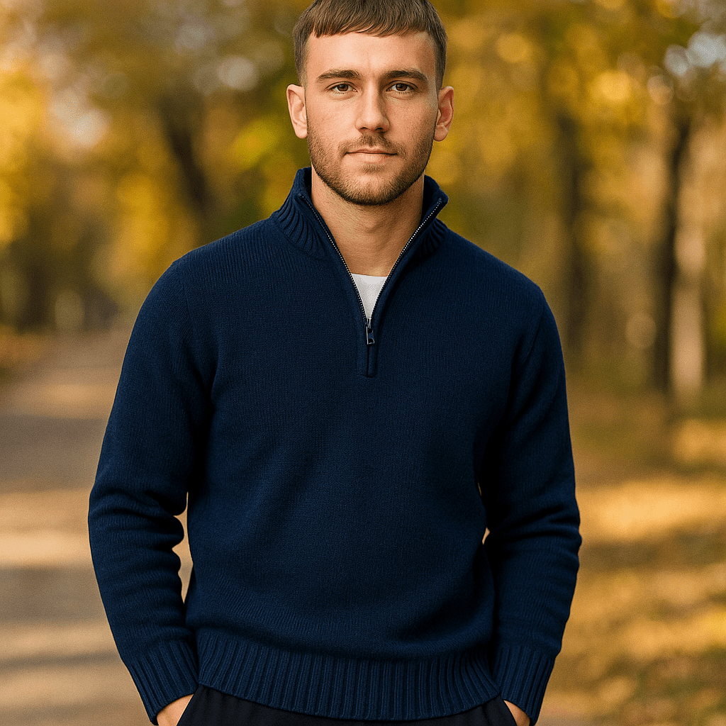 Męski Sweter z Ćwierć Zamkiem - Miękka Dzianina - Wysoki Kołnierz - vivano - warszawa