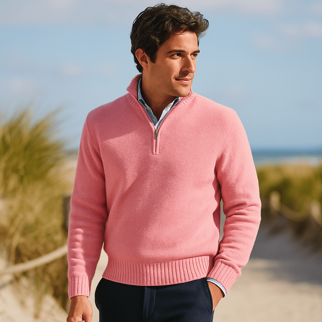 Męski Sweter z Ćwierć Zamkiem - Miękka Dzianina - Wysoki Kołnierz - vivano - warszawa