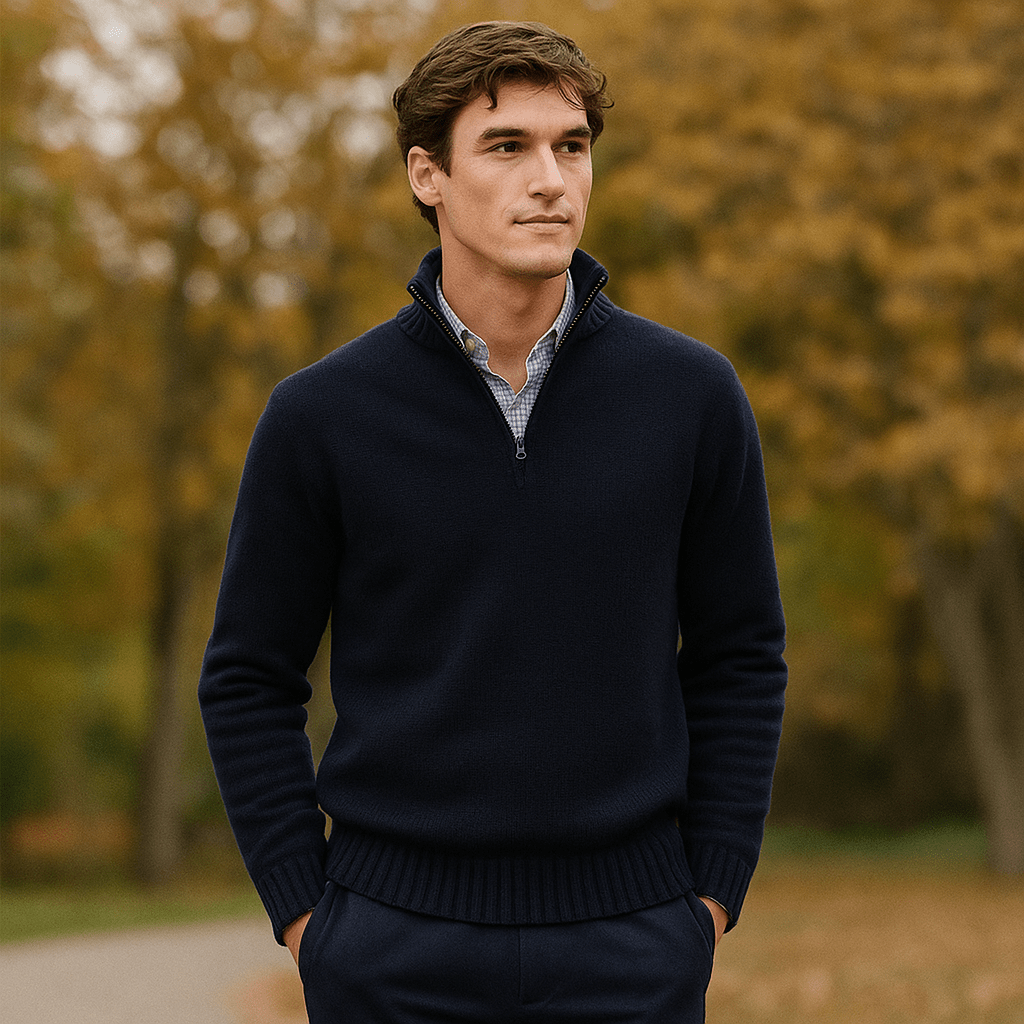 Męski Sweter z Ćwierć Zamkiem - Miękka Dzianina - Wysoki Kołnierz - vivano - warszawa