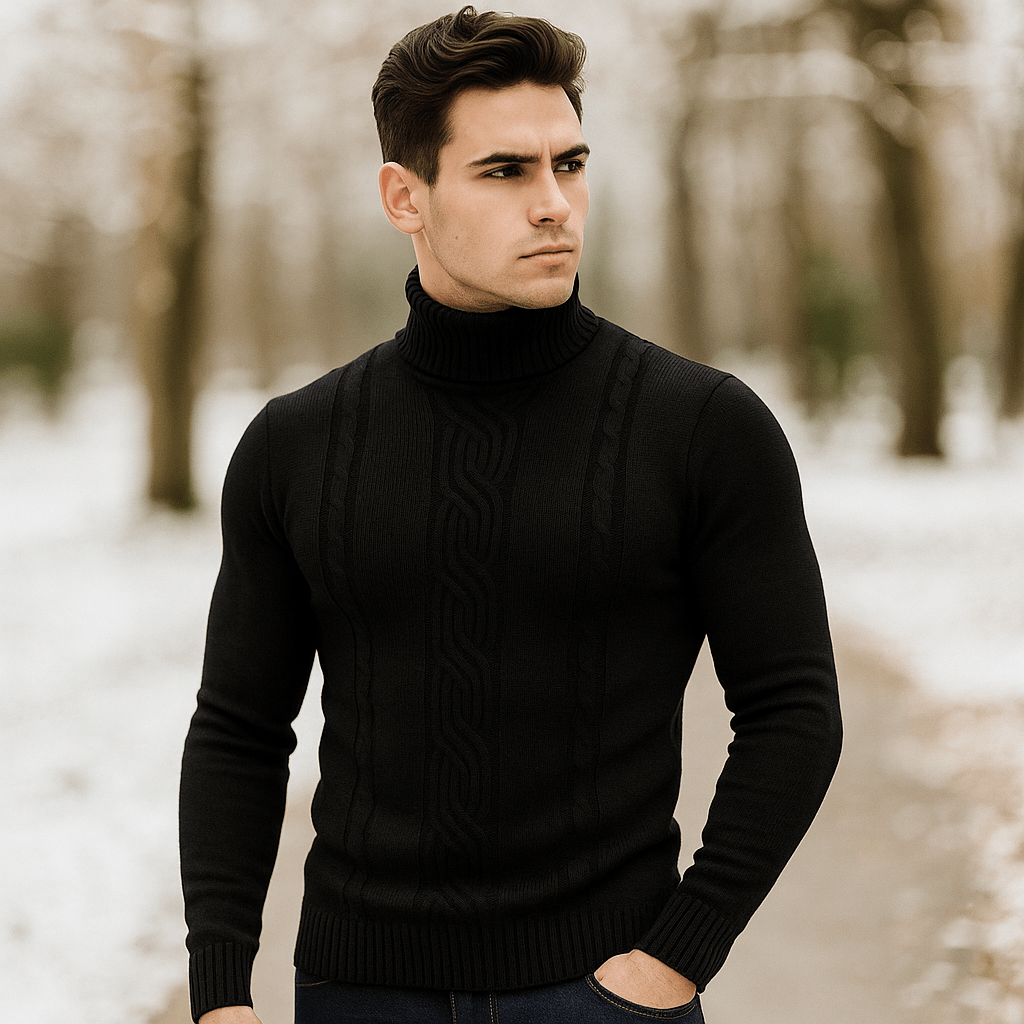 Męski Sweter z Golfem - Ciepły Kabelstrik - Prążkowane Rękawy - vivano - warszawa