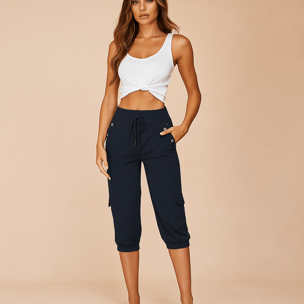 Spodnie Cargo dla Kobiet - Elastyczny Pas - Luźne Capri - Regulacja Sznurkiem - vivano - warszawa