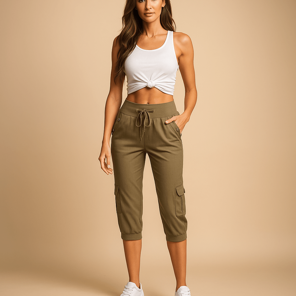 Spodnie Cargo dla Kobiet - Elastyczny Pas - Luźne Capri - Regulacja Sznurkiem - vivano - warszawa