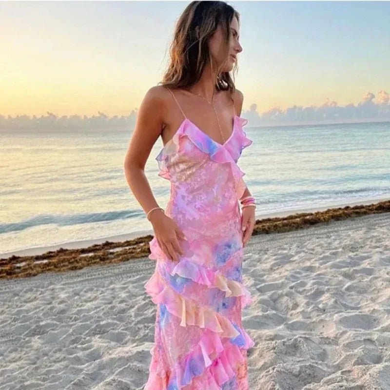 Sukienka maxi z falbanami i cienkimi ramiączkami - vivano - warszawa