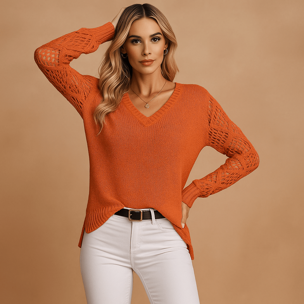 Sweter Damski - Dzianinowy - Dekolt w Serek - Długie Rękawy - Luźny Krój - vivano - warszawa