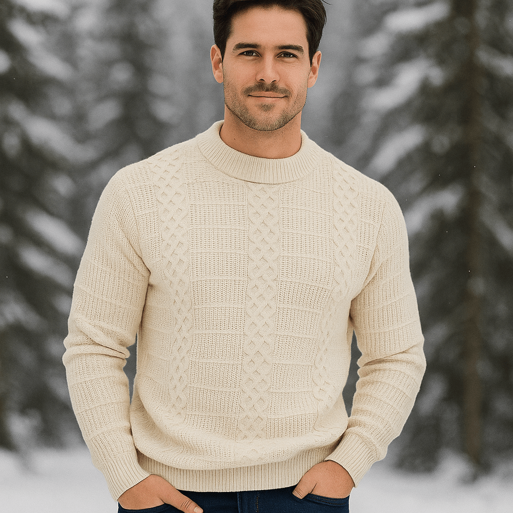 Sweter z Kabelkowym Wzorem - Ciepła Wełna - Regularny Krój - Okrągły Dekolt - vivano - warszawa