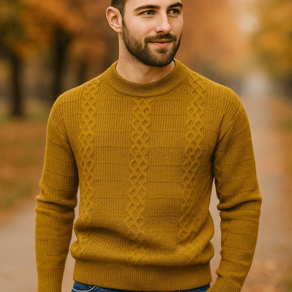 Sweter z Kabelkowym Wzorem - Ciepła Wełna - Regularny Krój - Okrągły Dekolt - vivano - warszawa