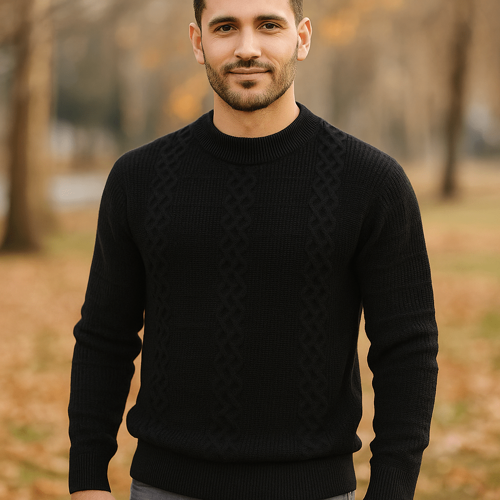 Sweter z Kabelkowym Wzorem - Ciepła Wełna - Regularny Krój - Okrągły Dekolt - vivano - warszawa