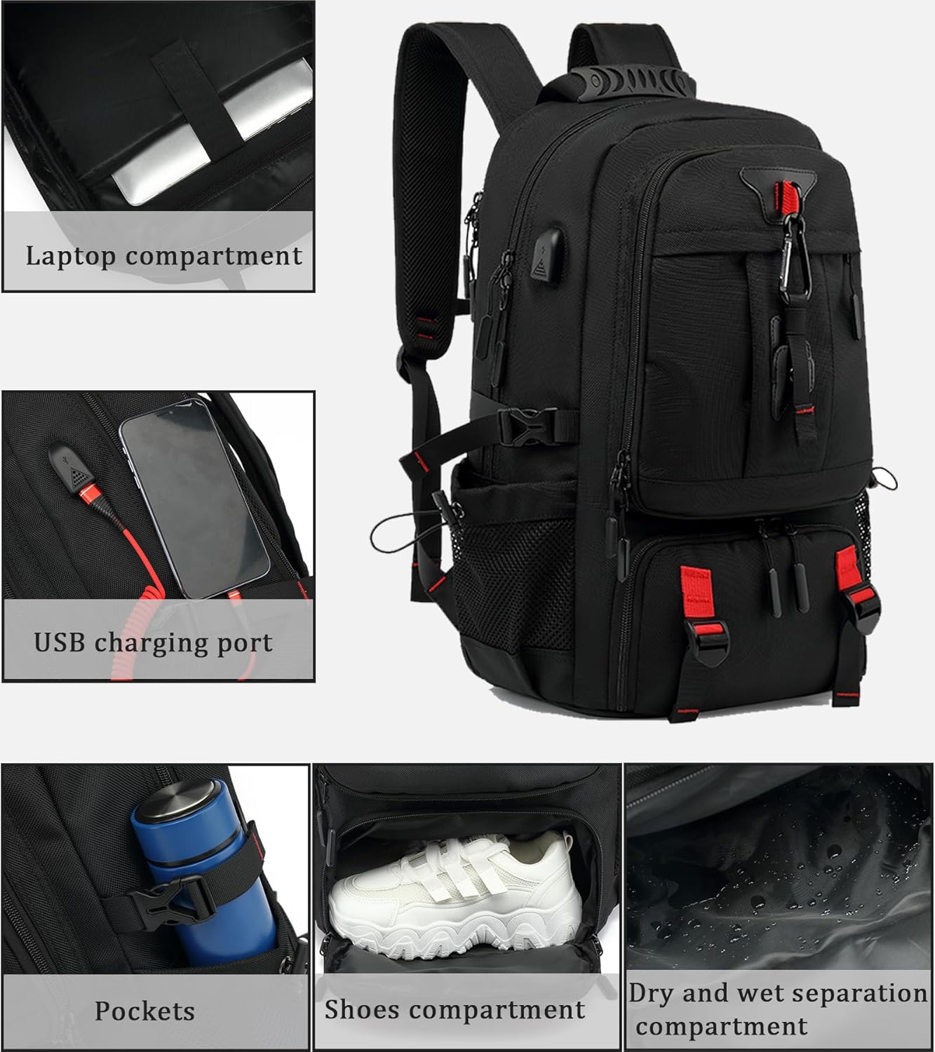 Plecak turystyczny 60–80L | Wodoszczelny, rozszerzalny | USB, compartment na buty, kieszeń na laptopa