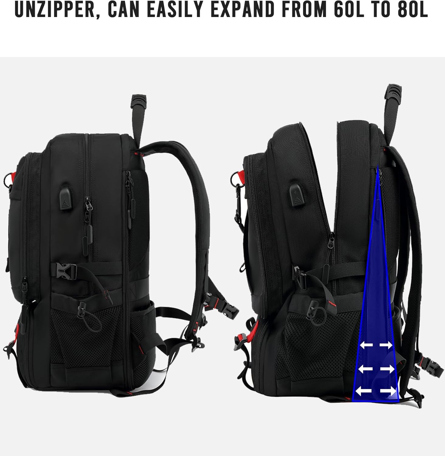 Plecak turystyczny 60–80L | Wodoszczelny, rozszerzalny | USB, compartment na buty, kieszeń na laptopa