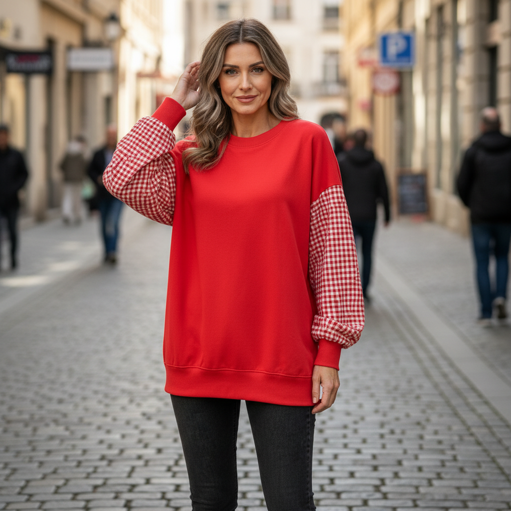 Damski Luźny Top Patchwork Krata Okrągły Kołnierz