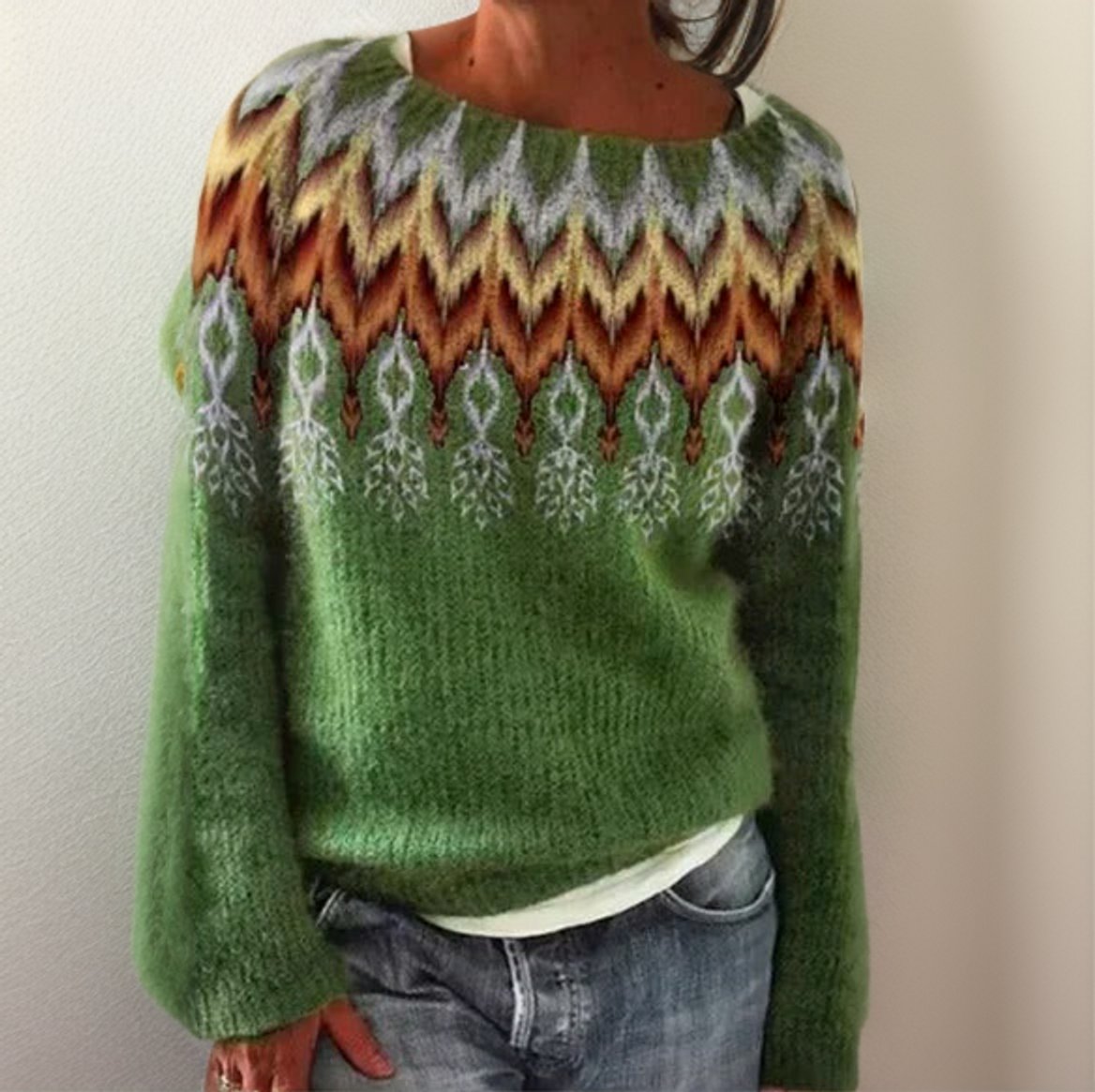 Damski sweter w wzór Fair Isle | Geometric knit, crew neck