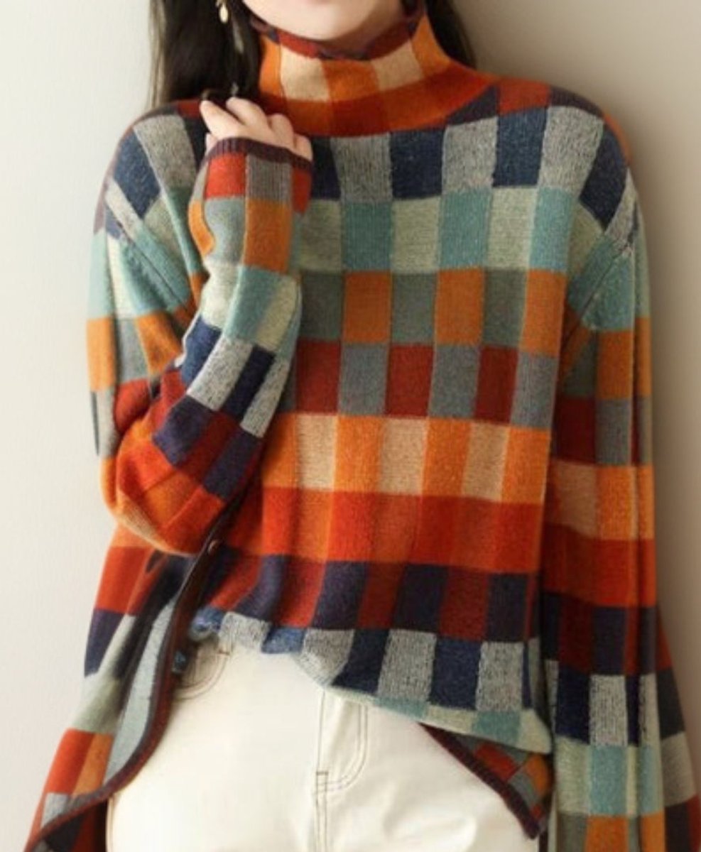 Damski sweter | Golfik, ciepła dzianina | Kratka wielokolorowa