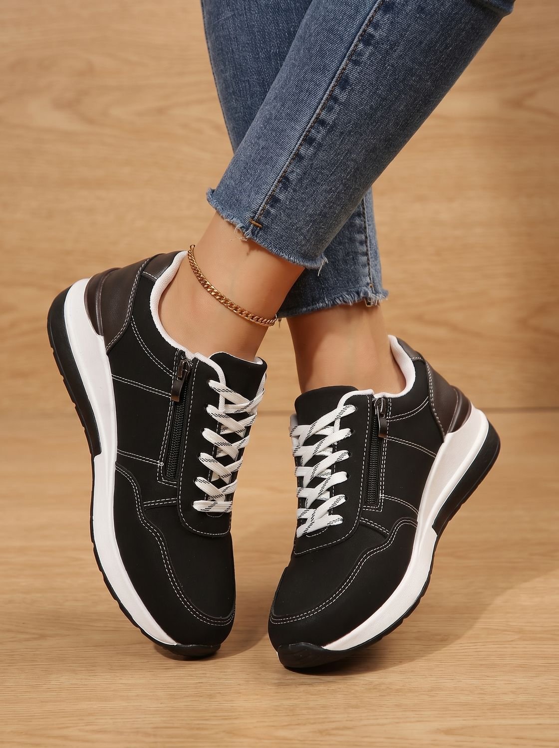 Damskie ortopedyczne sneakersy na koturnie sznurowane z zamkiem bocznym