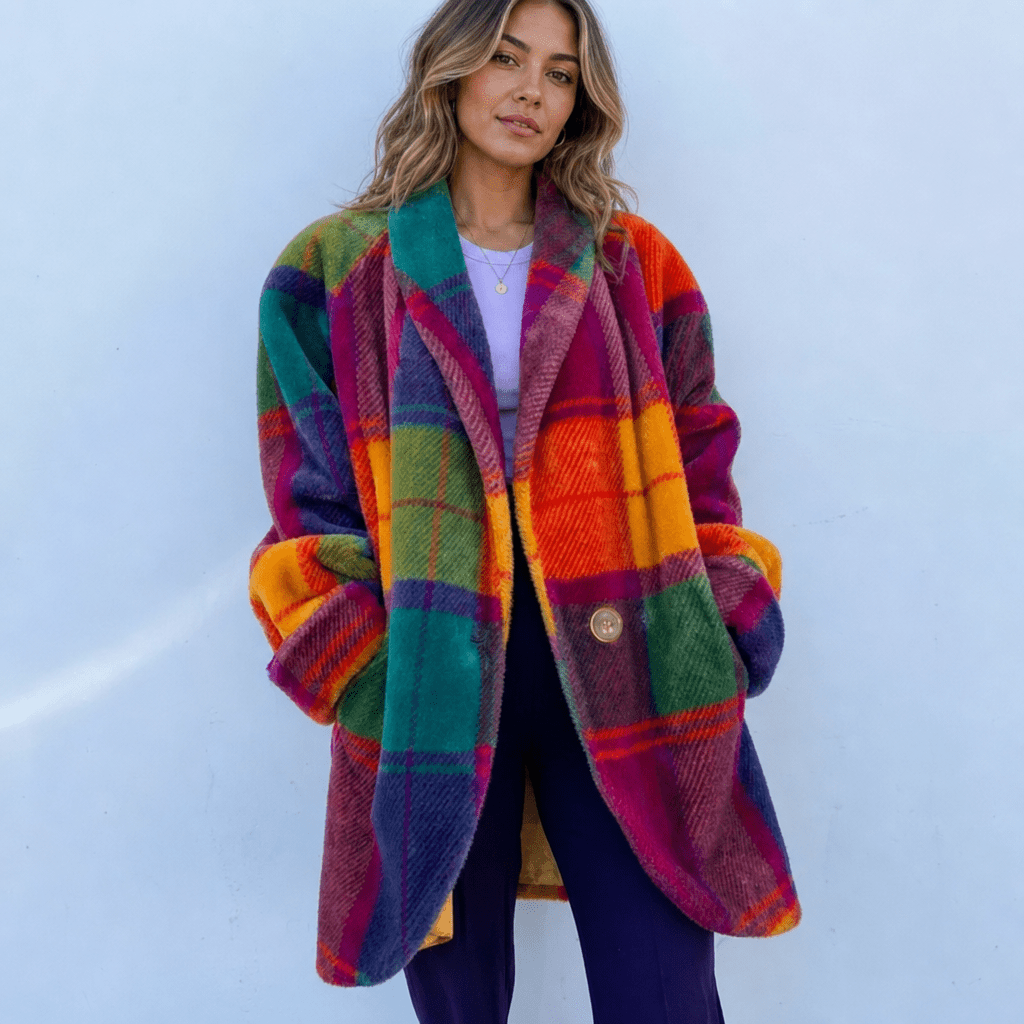 Płaszcz damski wełniany w kratę | Oversized, długi, zimowy