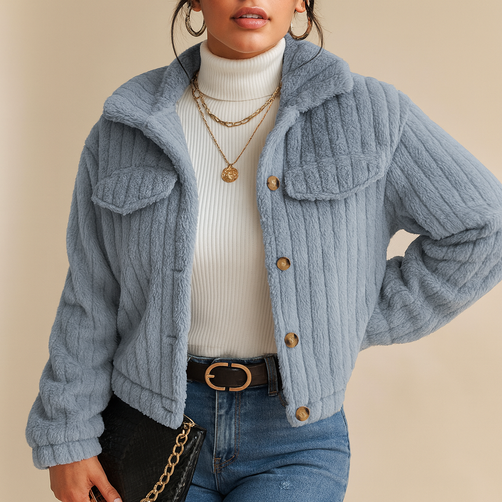 Sweter rozpinany | Miękka tekstura teddy, krótki krój