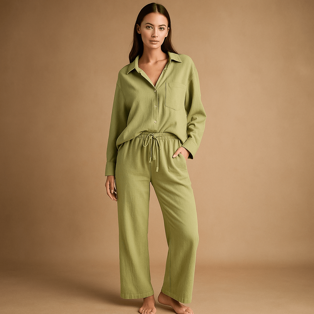 Zestaw - Koszula lniana bawełna - Spodnie wysokim stanem Luo - vivano - warszawa