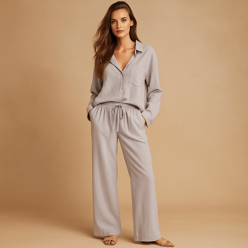 Zestaw - Koszula lniana bawełna - Spodnie wysokim stanem Luo - vivano - warszawa